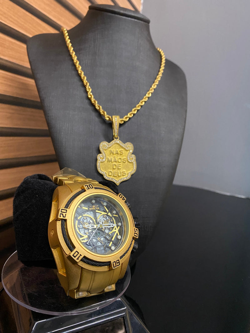 ZEUS BOLT + CORRENTE E PIGENTE BANHADA A OURO 18k