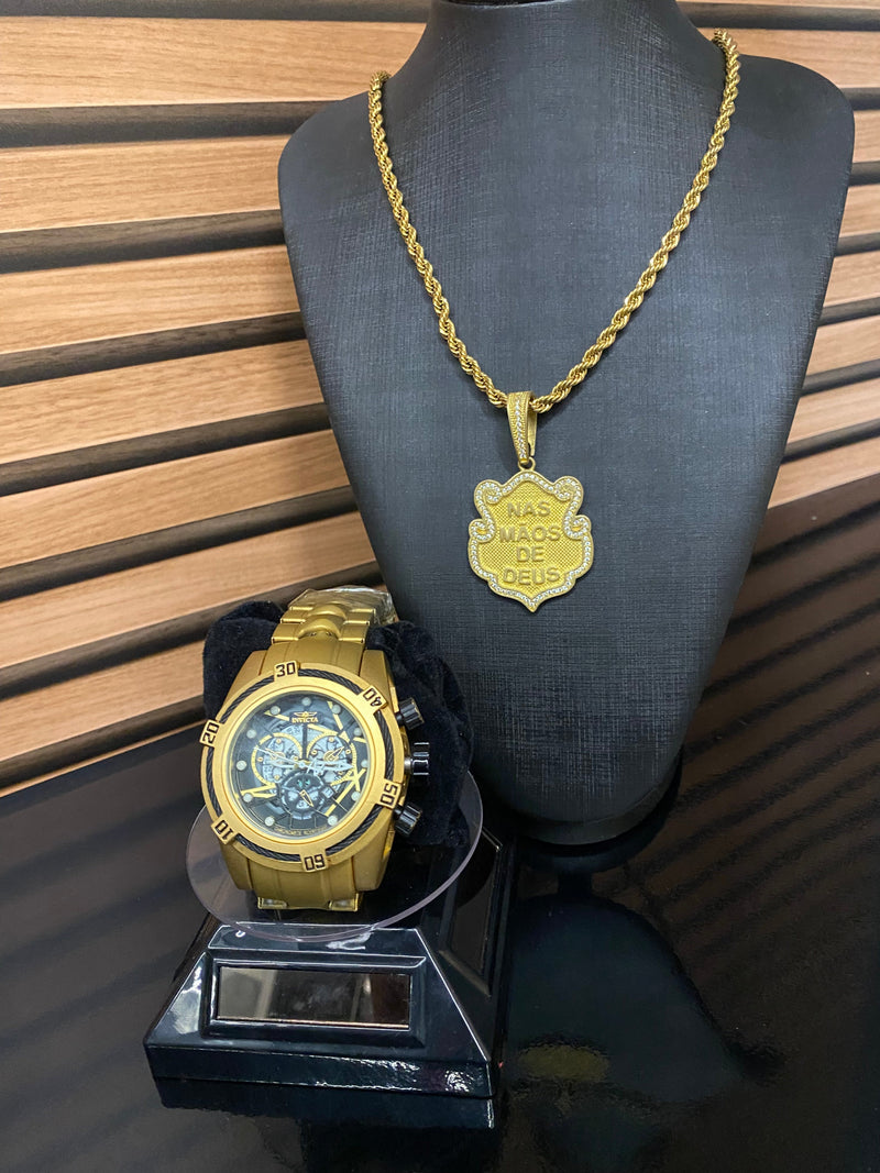 ZEUS BOLT + CORRENTE E PIGENTE BANHADA A OURO 18k