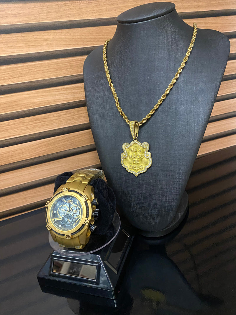 ZEUS BOLT + CORRENTE E PIGENTE BANHADA A OURO 18k