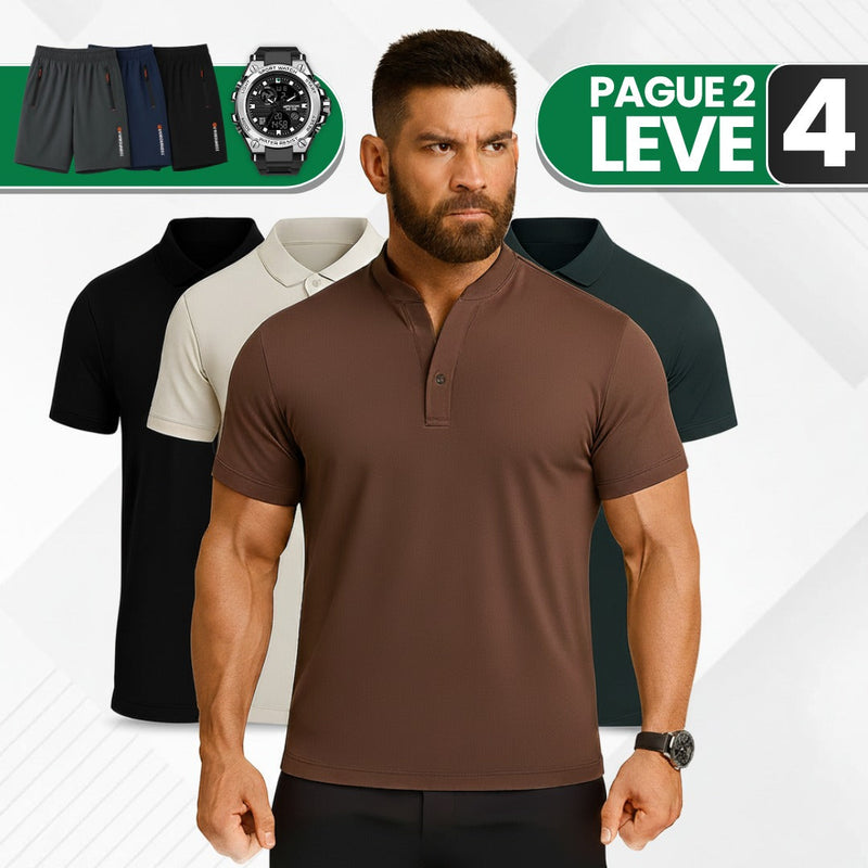 [Leve 4, Pague Só 2] Camisa Polo Casual Masculina Domirax em Seda Gelo, Poliéster e Viscose + BRINDES: 3 Bermudas e 1 Relógio