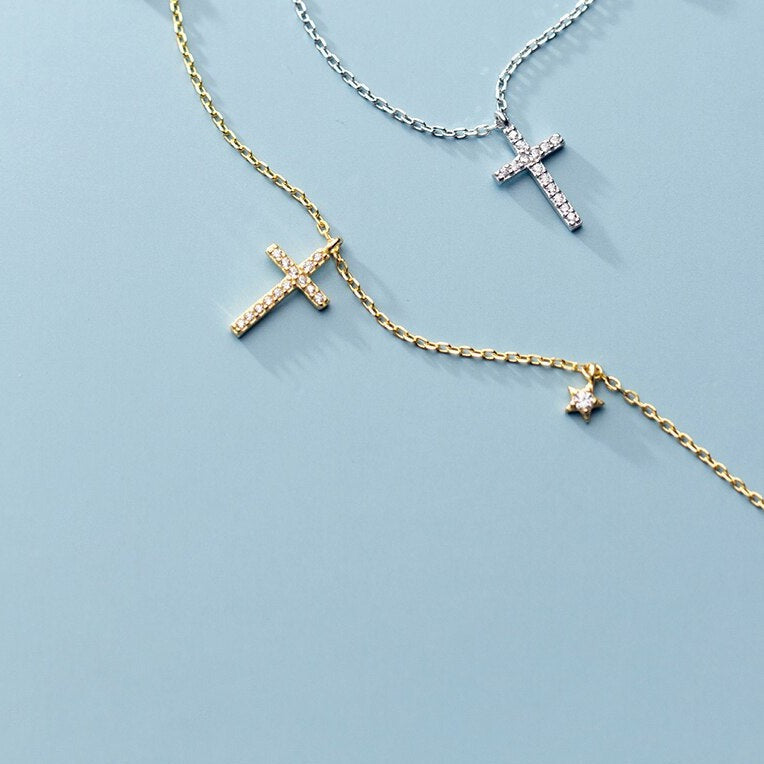 Colar de Cruz Coração e Estrela Prata