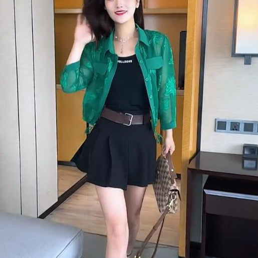 (Promoção Compre 1 Leve 2)Camisa Chiara™ Estilo Sobretudo em Chiffon com Design Floral / Máxima Leveza, Proteção Solar e Estilo para Montar Seus Looks!