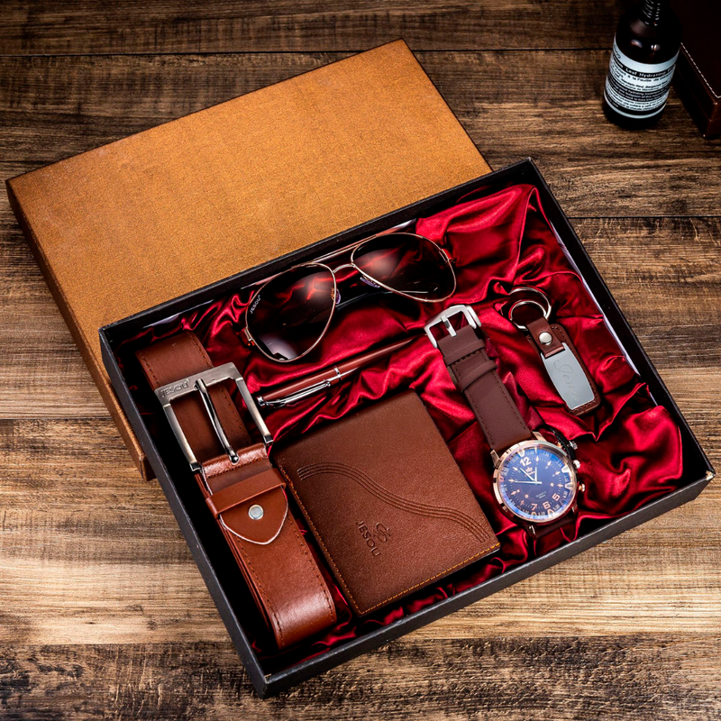 Conjunto 6 em 1: Relógio, Óculos, Carteira, Cinto, Chaveiro e Caneta - Especial Dia dos Pais